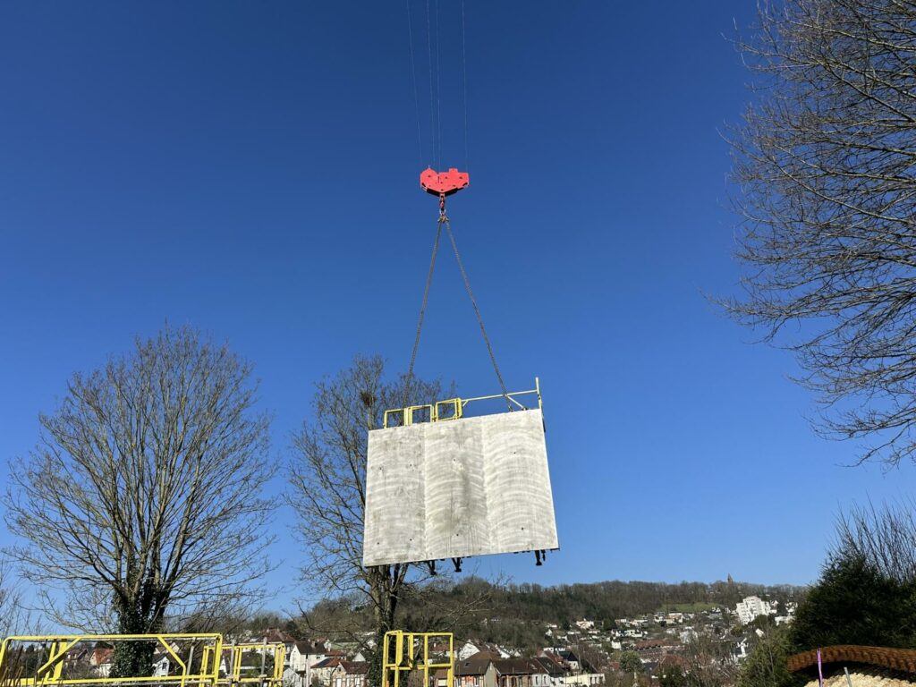 Charge suspendue à une grue au-dessus des arbres